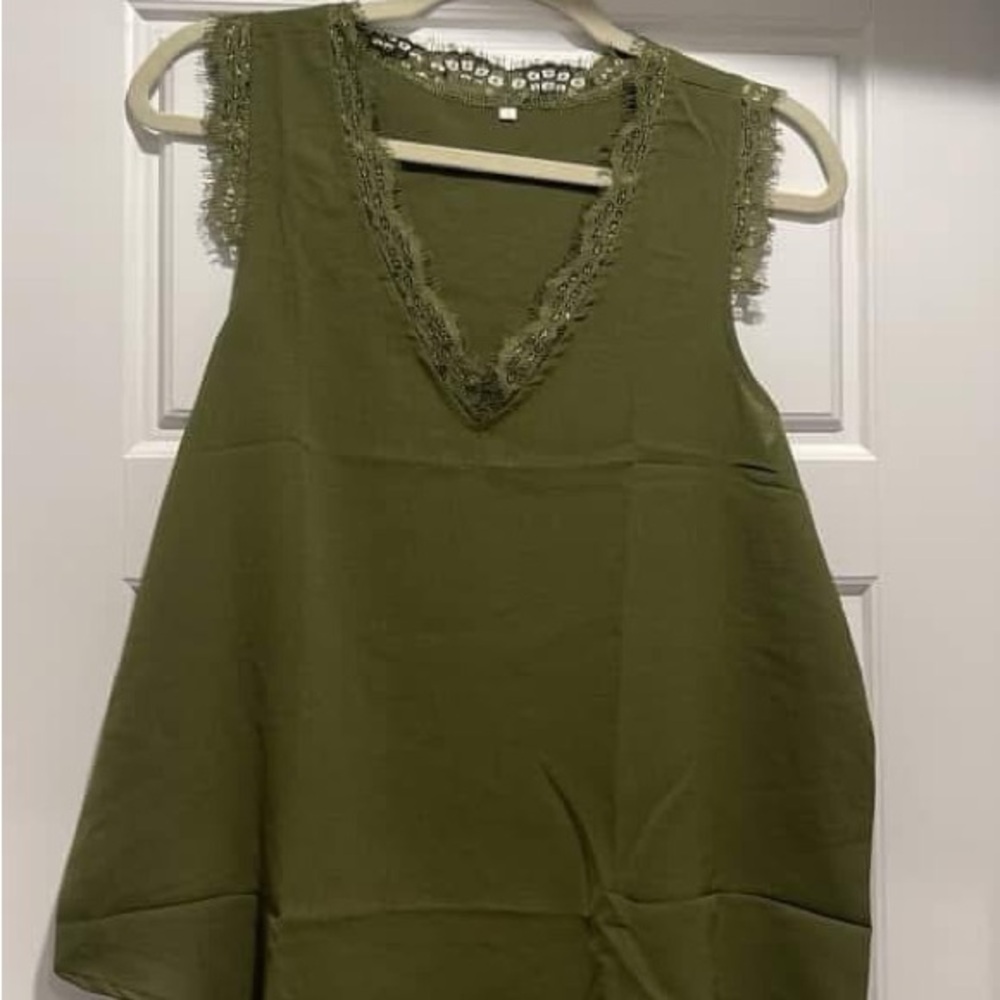 NWOT Deep Olive Green Tank Top with Lace Detail